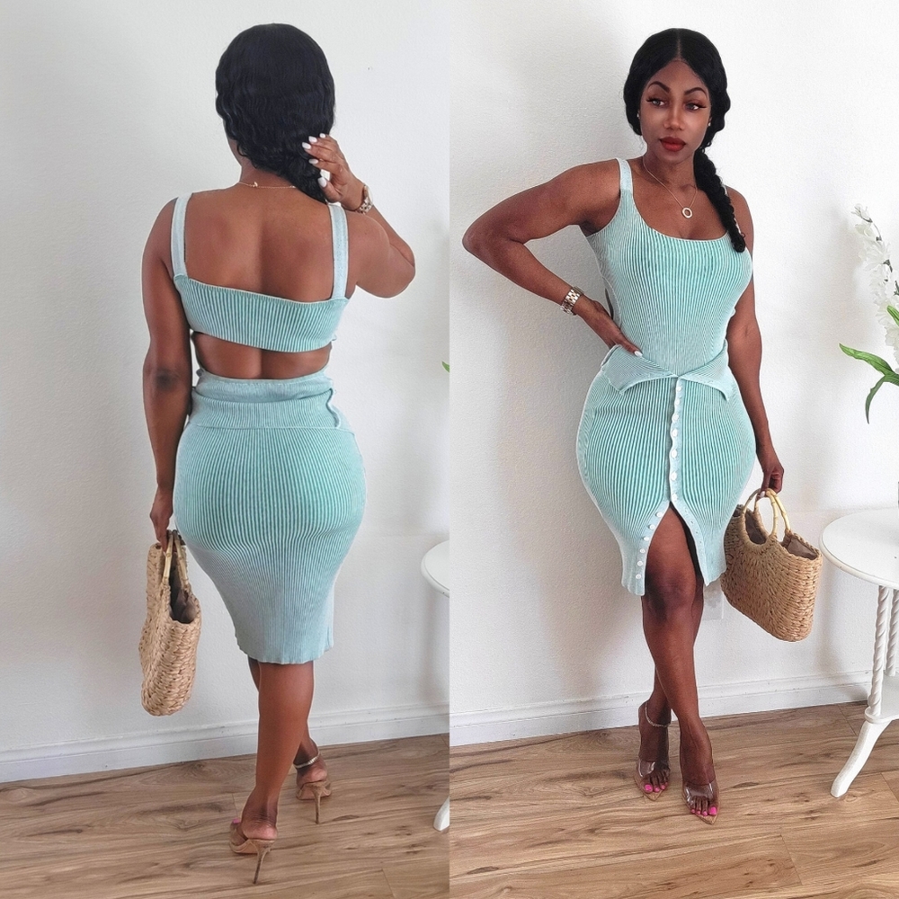 Cotton knit it ribbed mineral wash skirt set and bodysuit